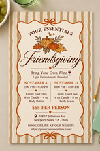 Load image into Gallery viewer, A fall-themed Friendsgiving event flyer or invitation card with a cream background, brown and orange text, pumpkins and leaves illustration, and striped border, shown on a tabletop with partial greenery and a pen around it.
