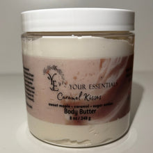 Load image into Gallery viewer, Jar of body butter labeled 'Caramel Kisses' on a white surface.
