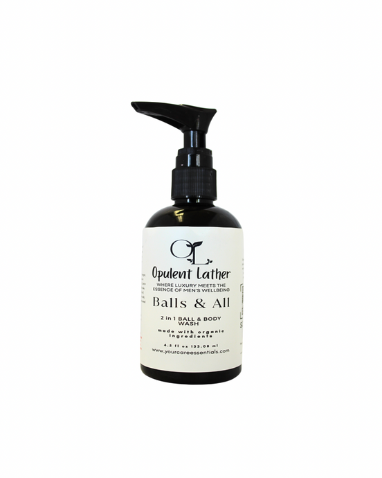 Bottle of Opulent Lather 'Balls & All' 2-in-1 hair and body wash on a white background