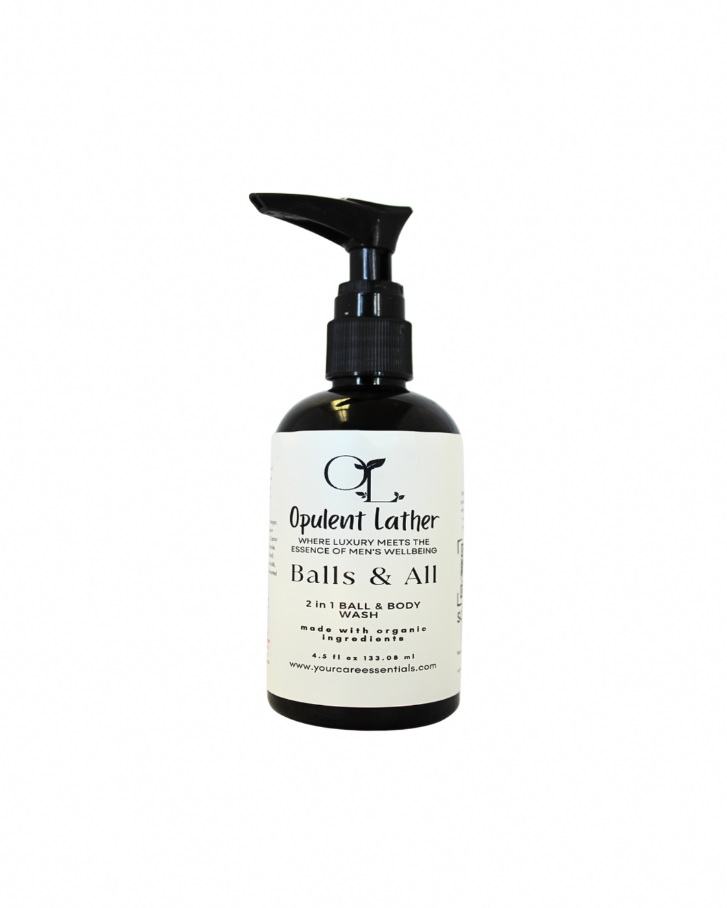 Bottle of Opulent Lather 'Balls & All' 2-in-1 hair and body wash on a white background